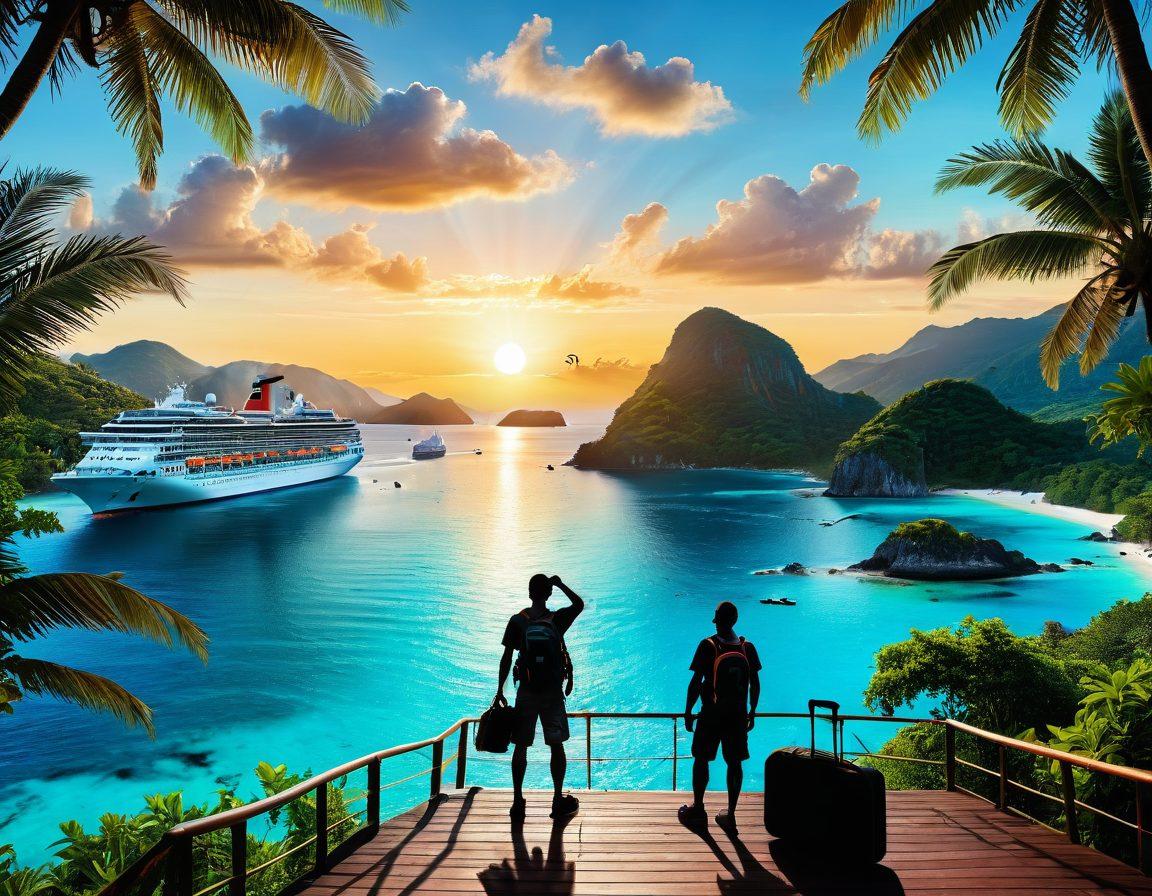 A collage of vibrant tropical landscapes, showcasing a variety of cruise ships sailing through azure waters. Include a silhouette of an adventurer on a deck, gazing at a distant island. Subtle icons of essential cruising tips like a compass and suitcase intertwined into the scenery. The colors should evoke a sense of wanderlust and excitement. 3D. vibrant colors. white background.