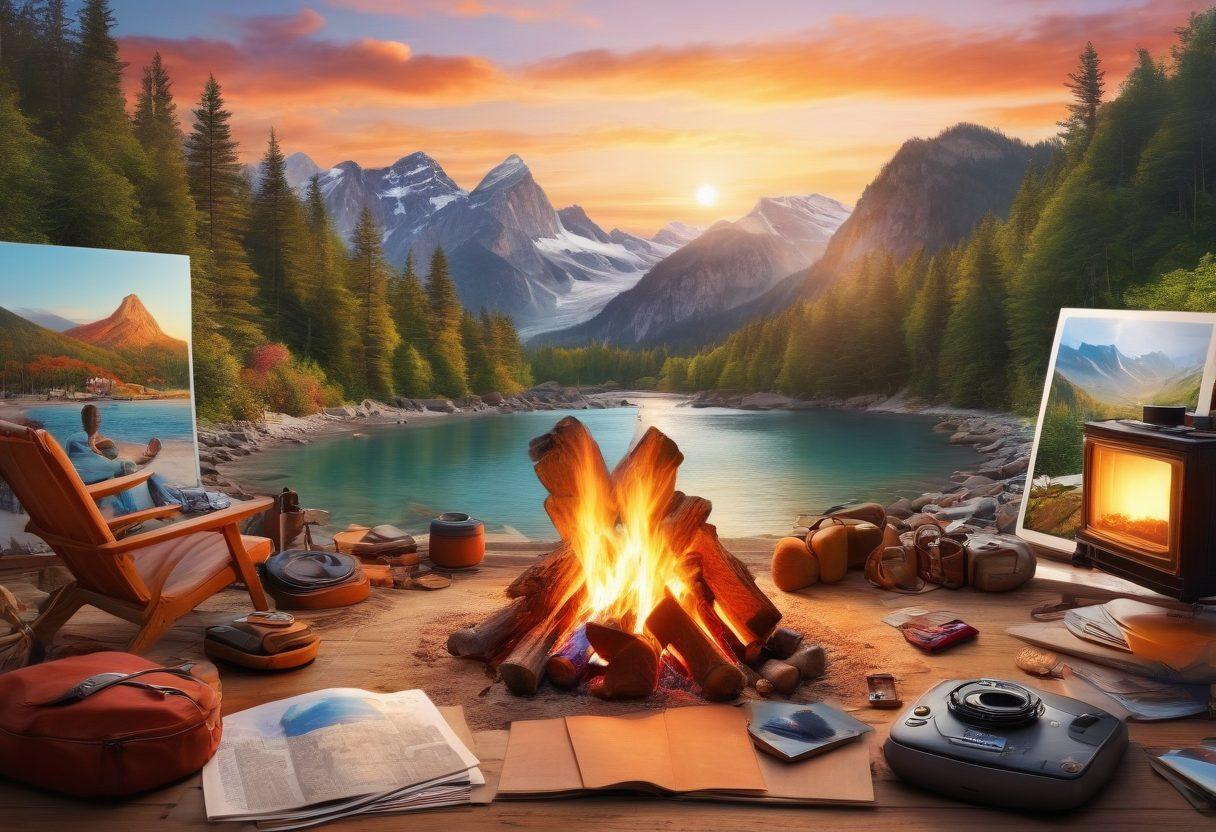 A picturesque travel collage featuring diverse vacation scenes: a sunset beach with people enjoying a bonfire, a vibrant cityscape bustling with explorers, winding mountain trails with hikers, and a cozy cabin in the woods. Incorporate elements like a passport, camera, and travel gear subtly placed in the foreground to symbolize adventure. The atmosphere should evoke excitement and warmth, inviting the viewer to imagine their own unforgettable memories. super-realistic. vibrant colors. 3D.